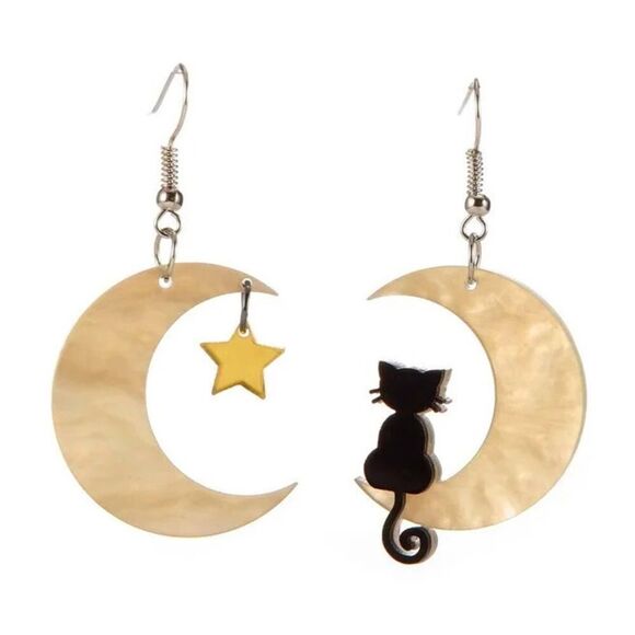 Black Cat Yellow Crescent Moon Acrylic Earrings with Gold Star - Picture 2 of 4